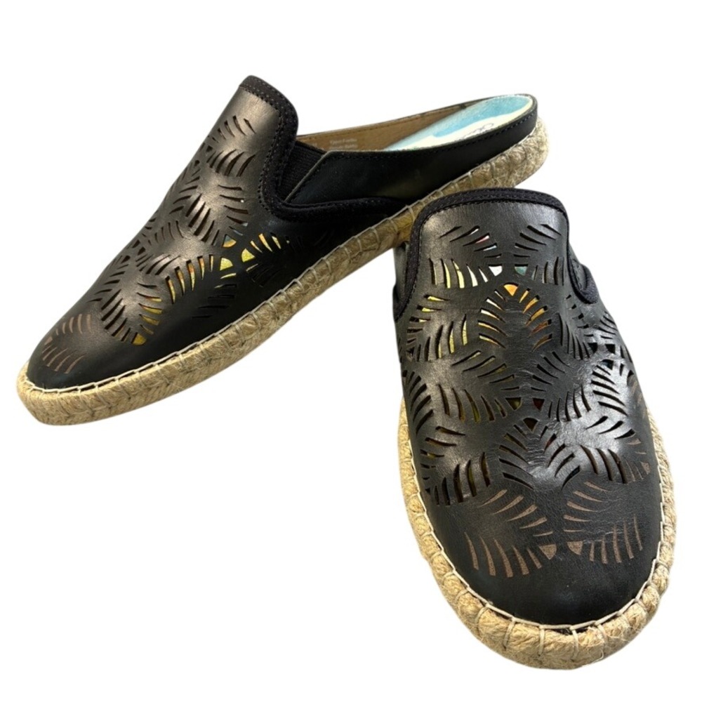 OluKai Kaula 'Olu 'Ili Black Leather Laser Cut Espadrille Mules Womens 8 20450 - Picture 3 of 16